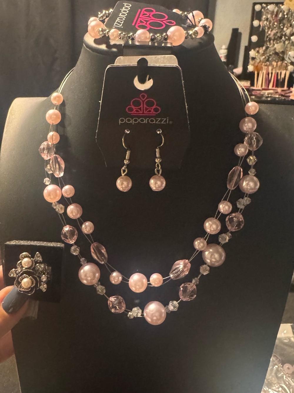 paparazzi Pink Beaded Necklace with Earrings, bracelet, ring. Not a consultant.